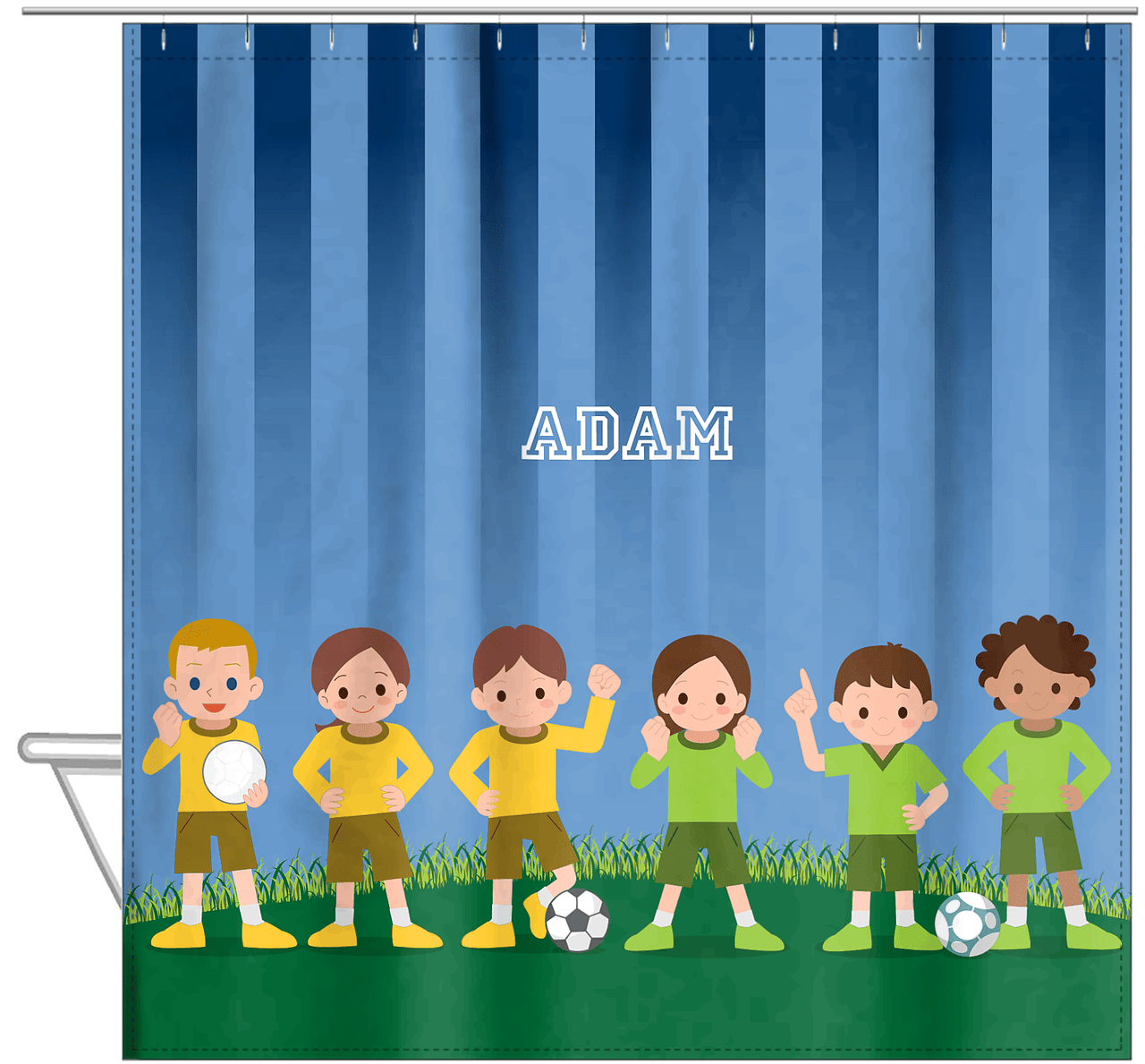 Personalized Soccer Shower Curtain I - Blue Background - Hanging View