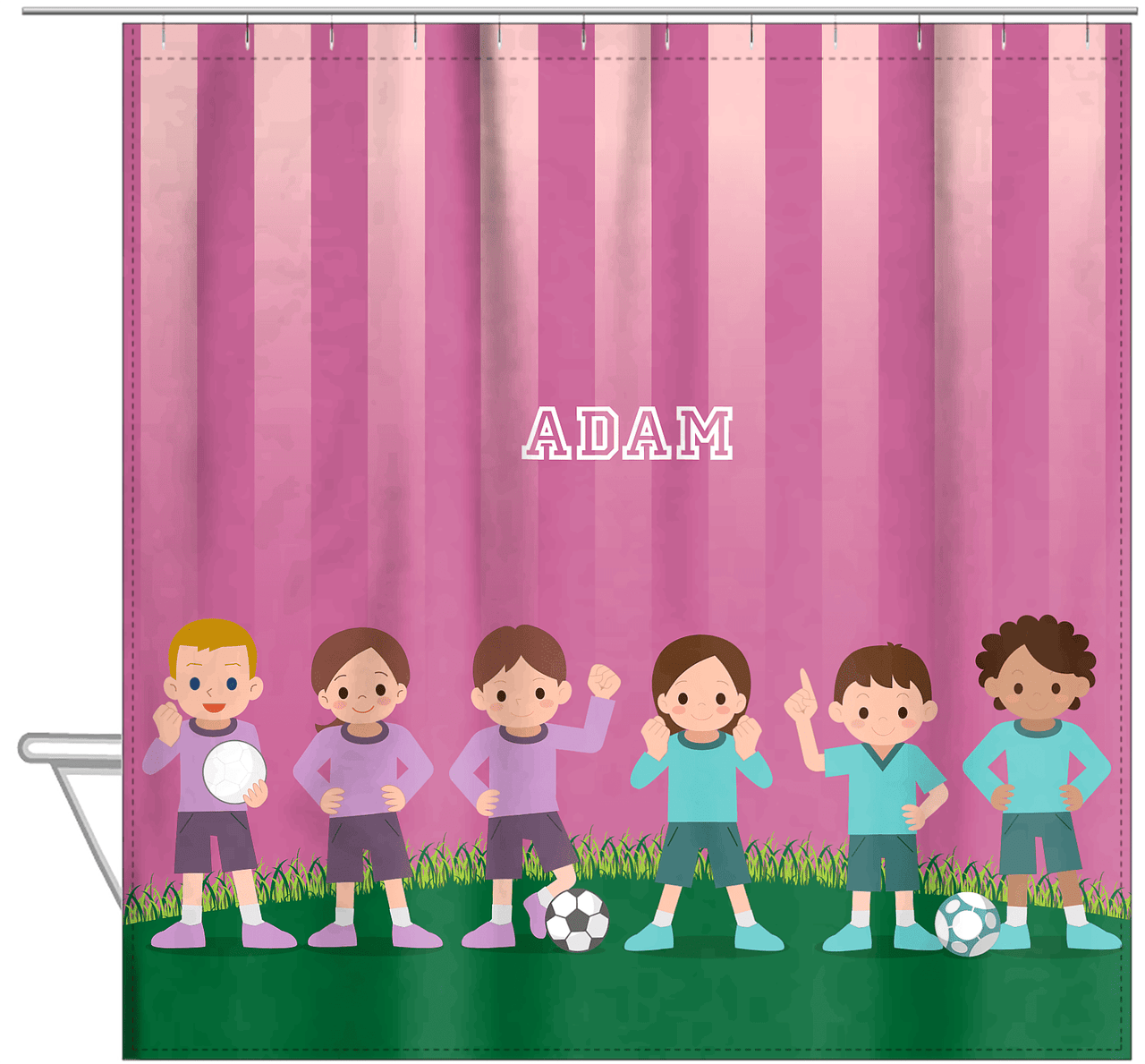 Personalized Soccer Shower Curtain I - Pink Background - Hanging View