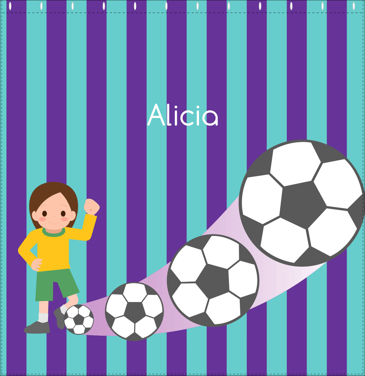 Personalized Soccer Shower Curtain II - Purple Background - Brunette Girl - Decorate View