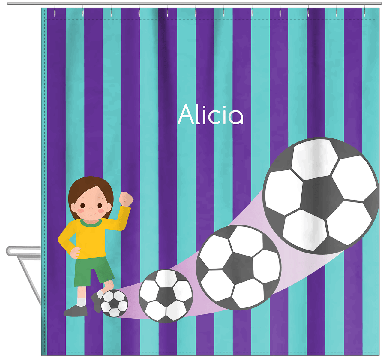 Personalized Soccer Shower Curtain II - Purple Background - Brunette Girl - Hanging View