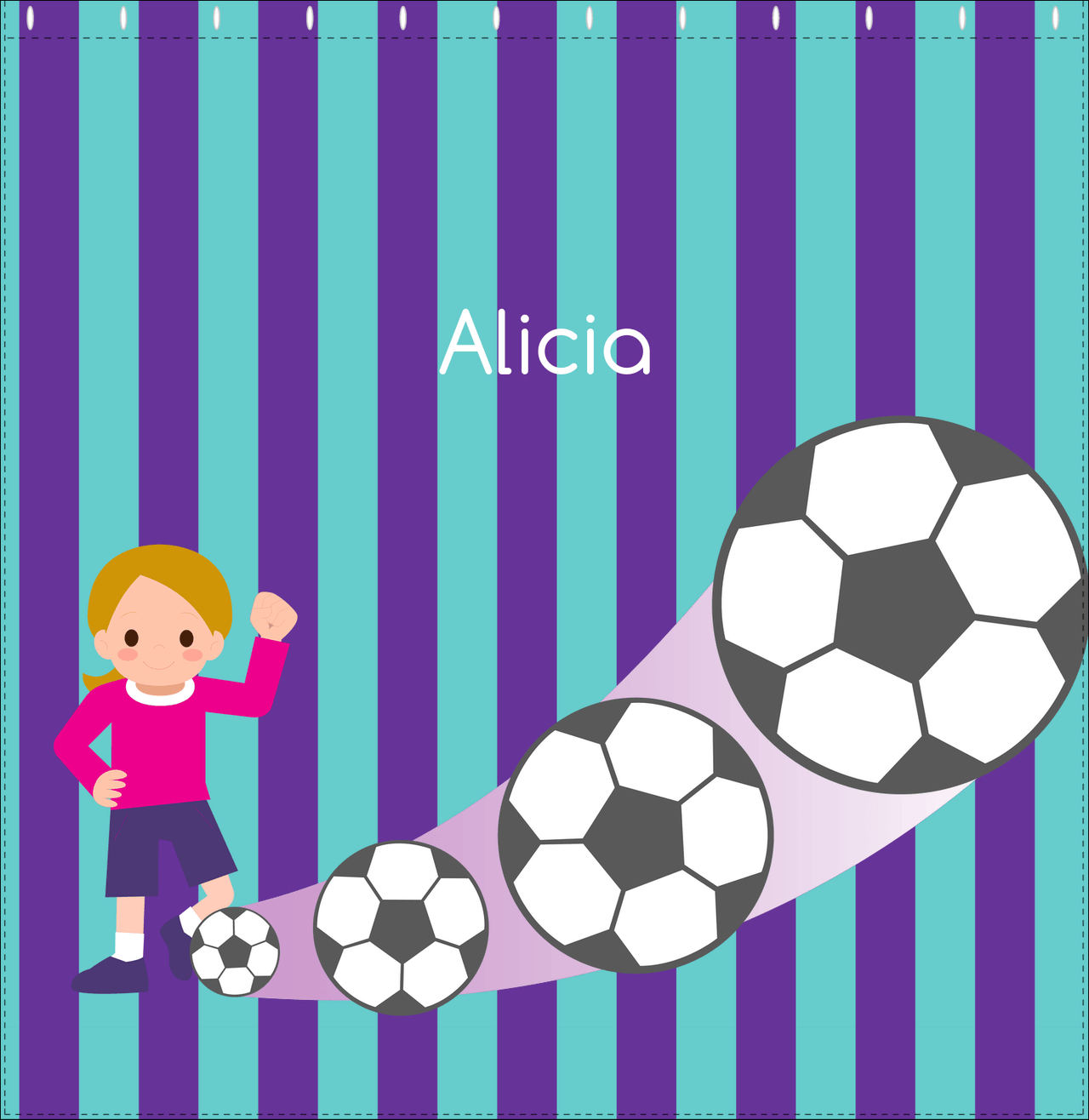 Personalized Soccer Shower Curtain II - Purple Background - Blonde Girl - Decorate View