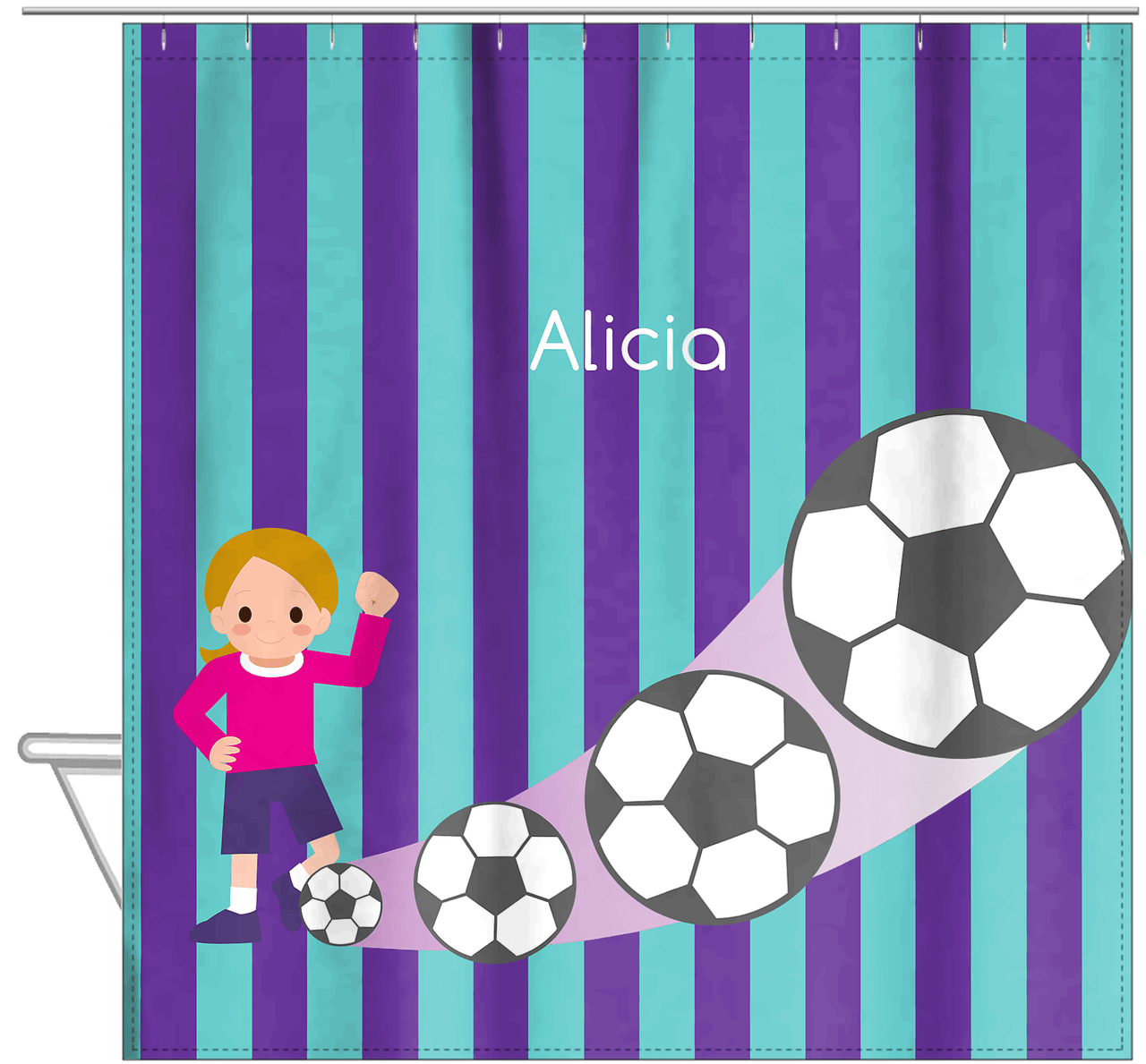 Personalized Soccer Shower Curtain II - Purple Background - Blonde Girl - Hanging View