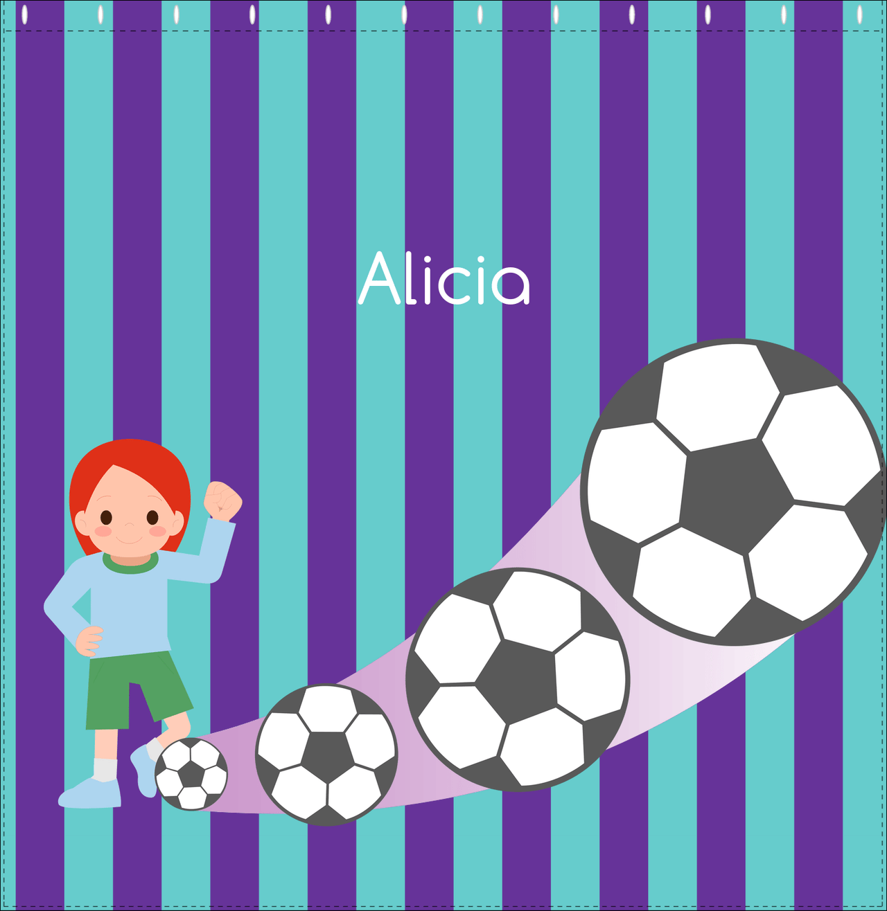 Personalized Soccer Shower Curtain II - Purple Background - Redhead Girl - Decorate View
