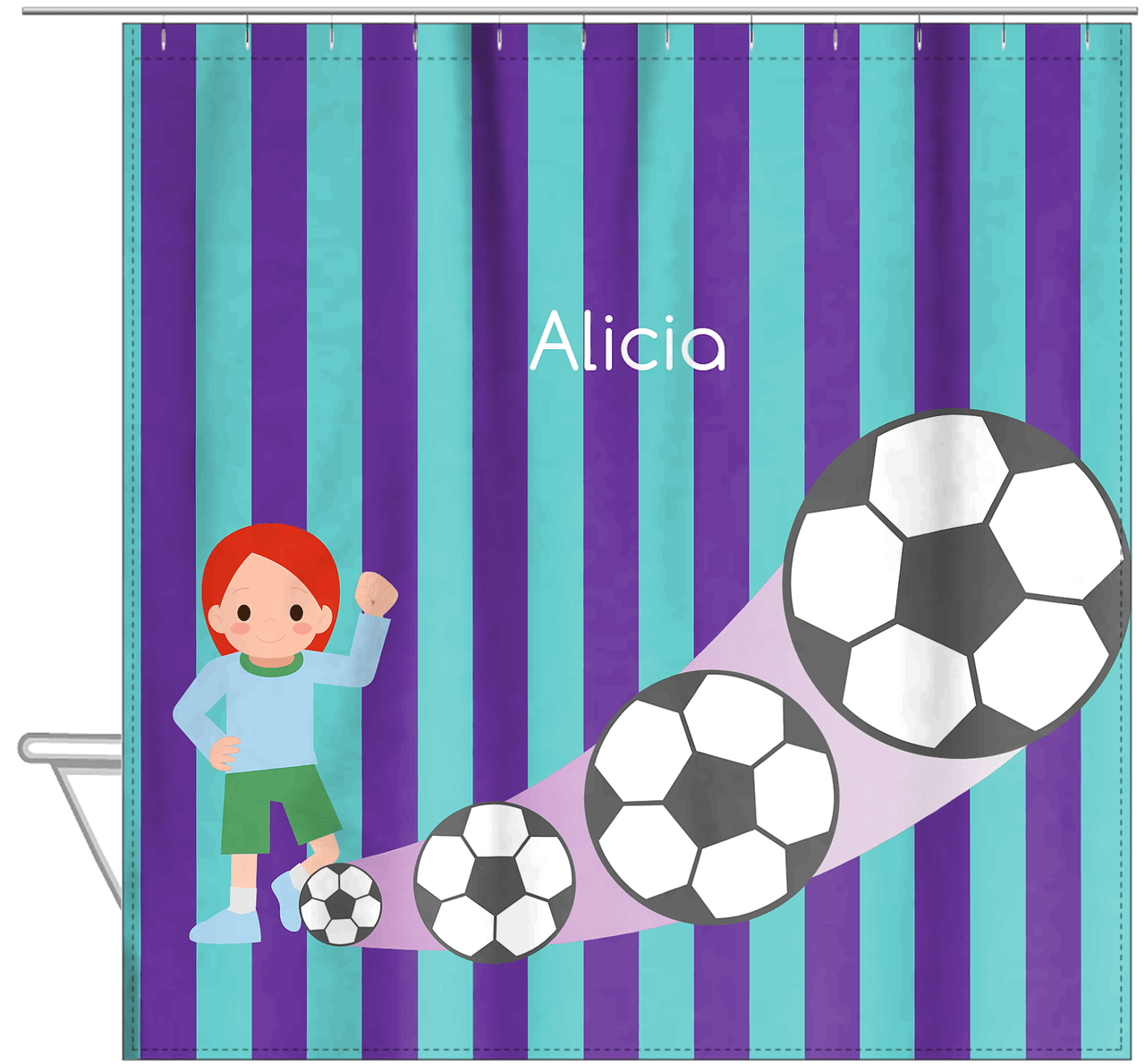 Personalized Soccer Shower Curtain II - Purple Background - Redhead Girl - Hanging View