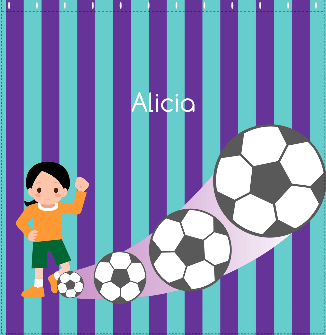 Personalized Soccer Shower Curtain II - Purple Background - Black Hair Girl I - Decorate View