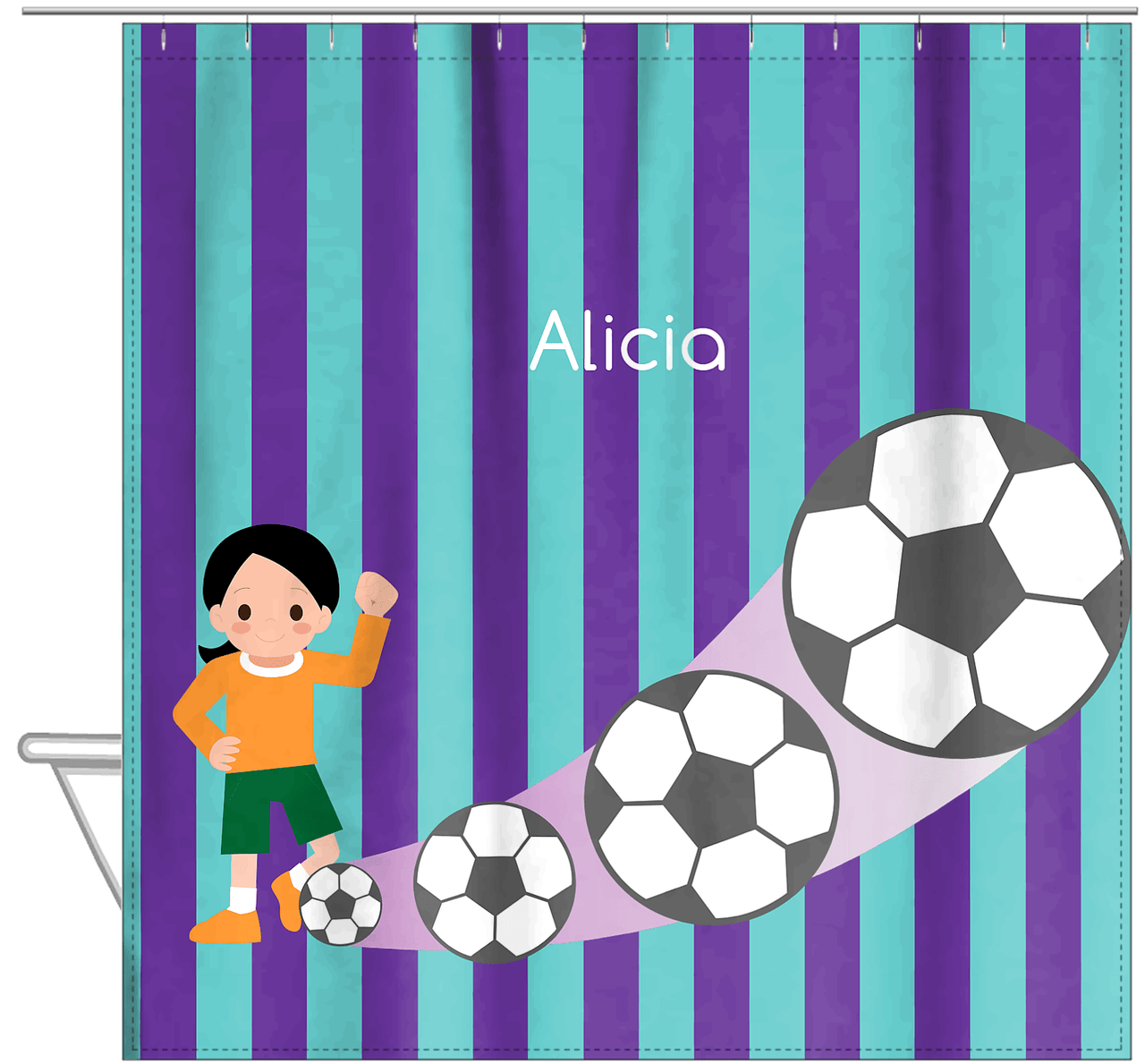 Personalized Soccer Shower Curtain II - Purple Background - Black Hair Girl I - Hanging View