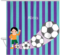 Thumbnail for Personalized Soccer Shower Curtain II - Purple Background - Black Hair Girl I - Hanging View