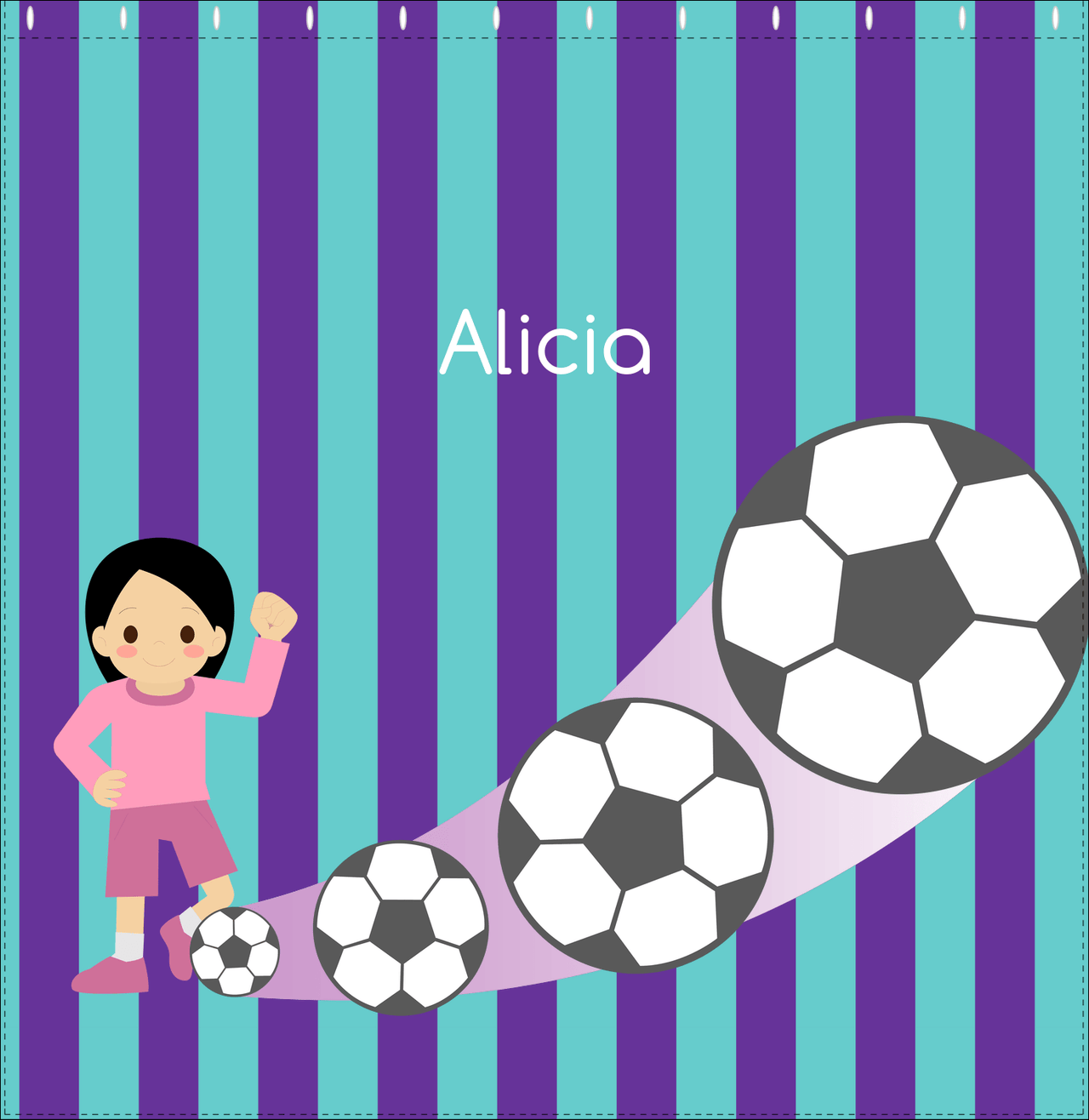 Personalized Soccer Shower Curtain II - Purple Background - Black Hair Girl II - Decorate View