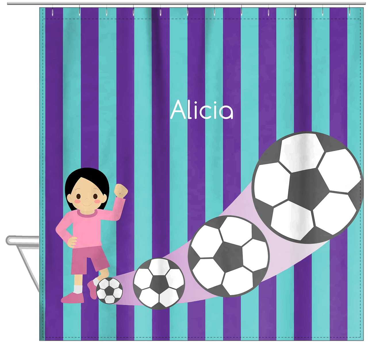 Personalized Soccer Shower Curtain II - Purple Background - Black Hair Girl II - Hanging View