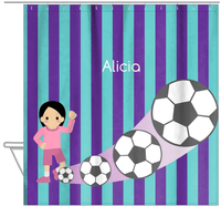 Thumbnail for Personalized Soccer Shower Curtain II - Purple Background - Black Hair Girl II - Hanging View