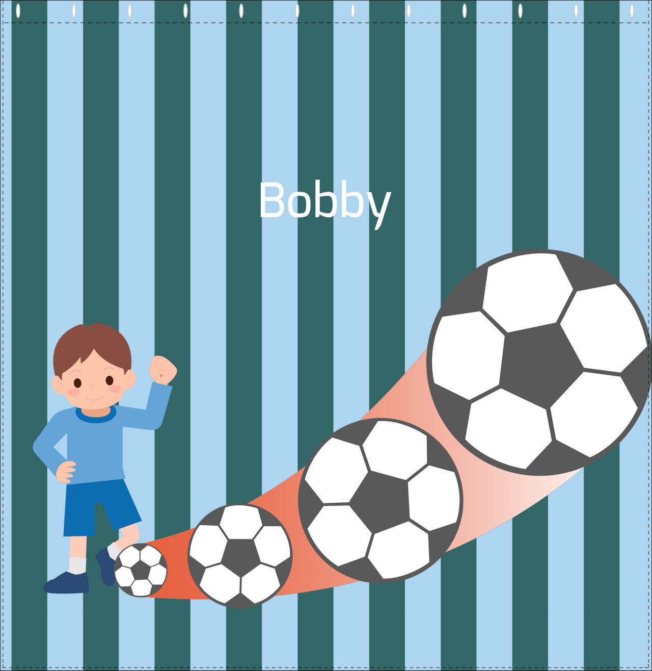 Personalized Soccer Shower Curtain III - Teal Background - Brown Hair Boy - Decorate View