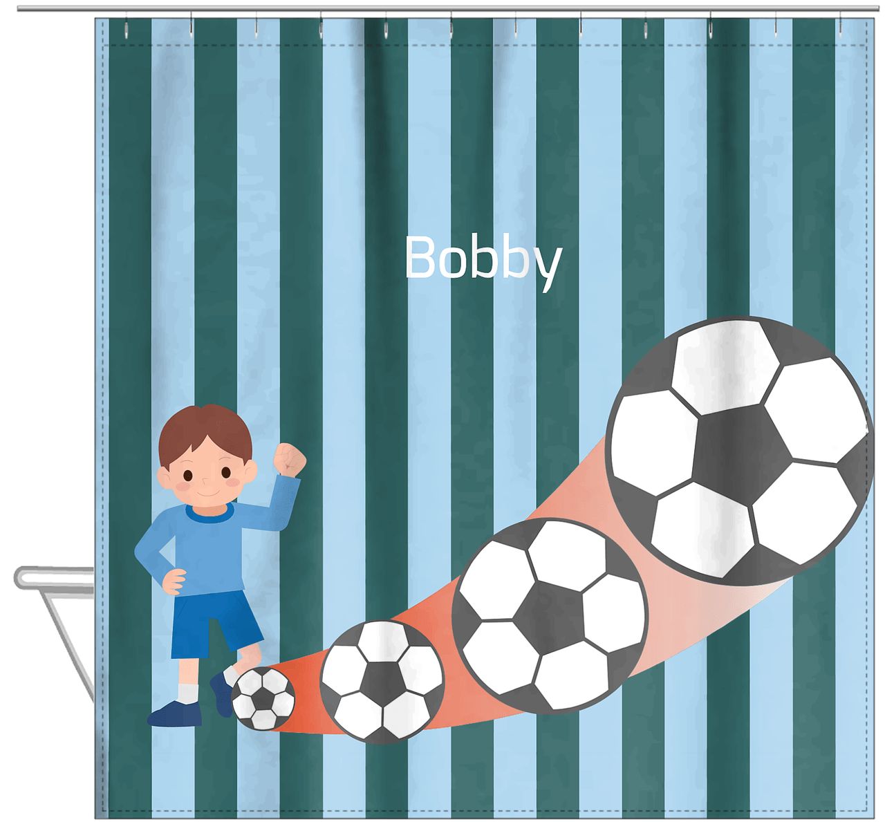 Personalized Soccer Shower Curtain III - Teal Background - Brown Hair Boy - Hanging View