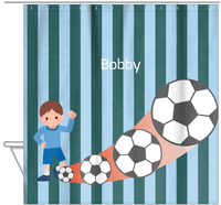 Thumbnail for Personalized Soccer Shower Curtain III - Teal Background - Brown Hair Boy - Hanging View