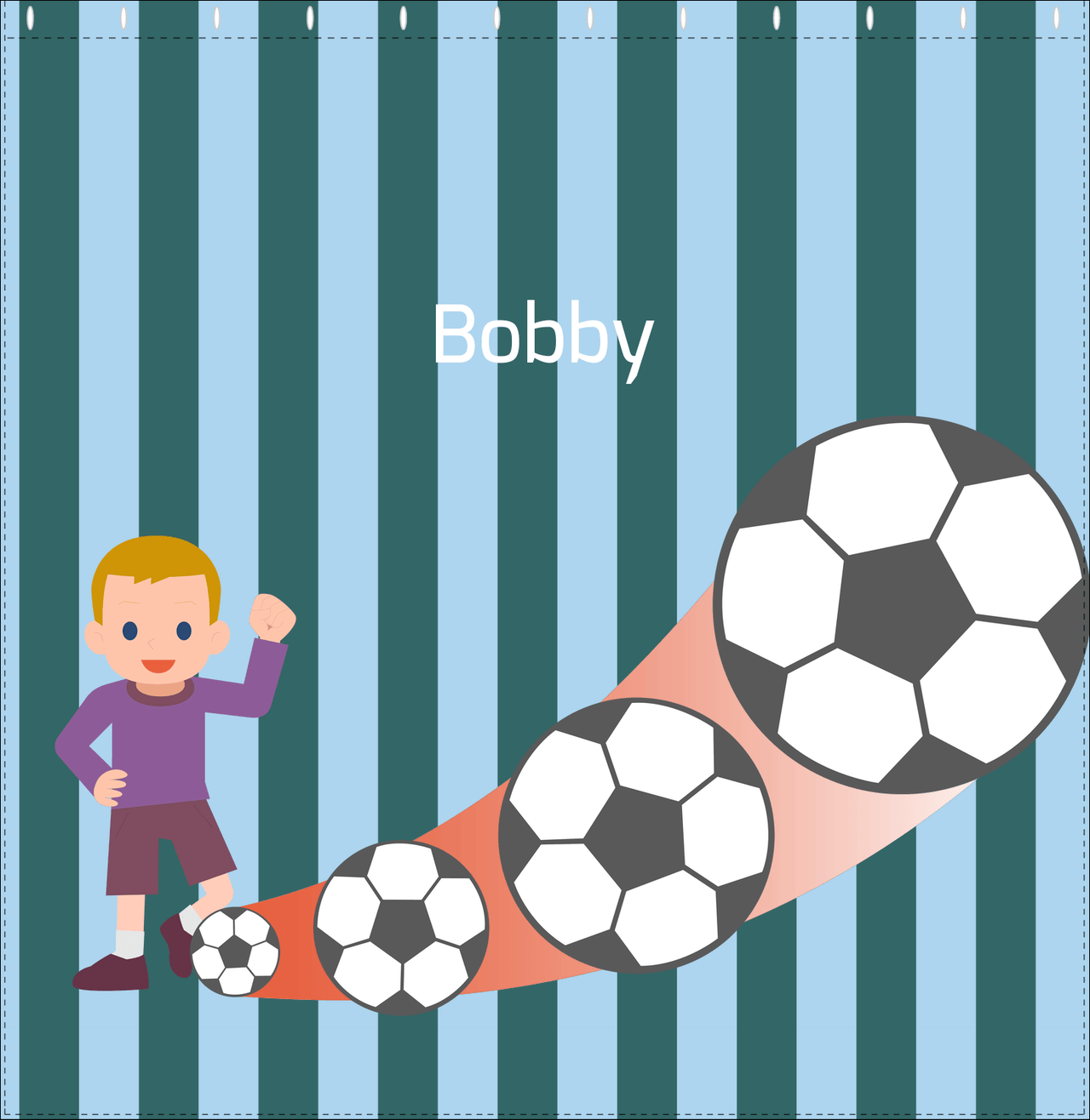 Personalized Soccer Shower Curtain III - Teal Background - Blond Boy - Decorate View