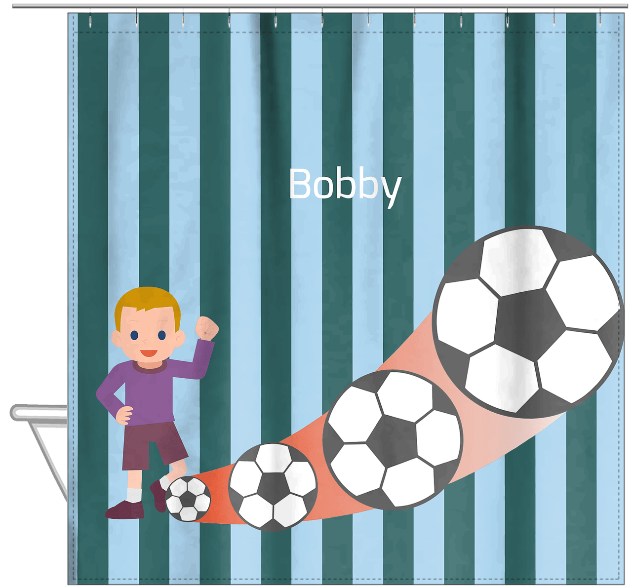 Personalized Soccer Shower Curtain III - Teal Background - Blond Boy - Hanging View