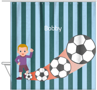 Thumbnail for Personalized Soccer Shower Curtain III - Teal Background - Blond Boy - Hanging View