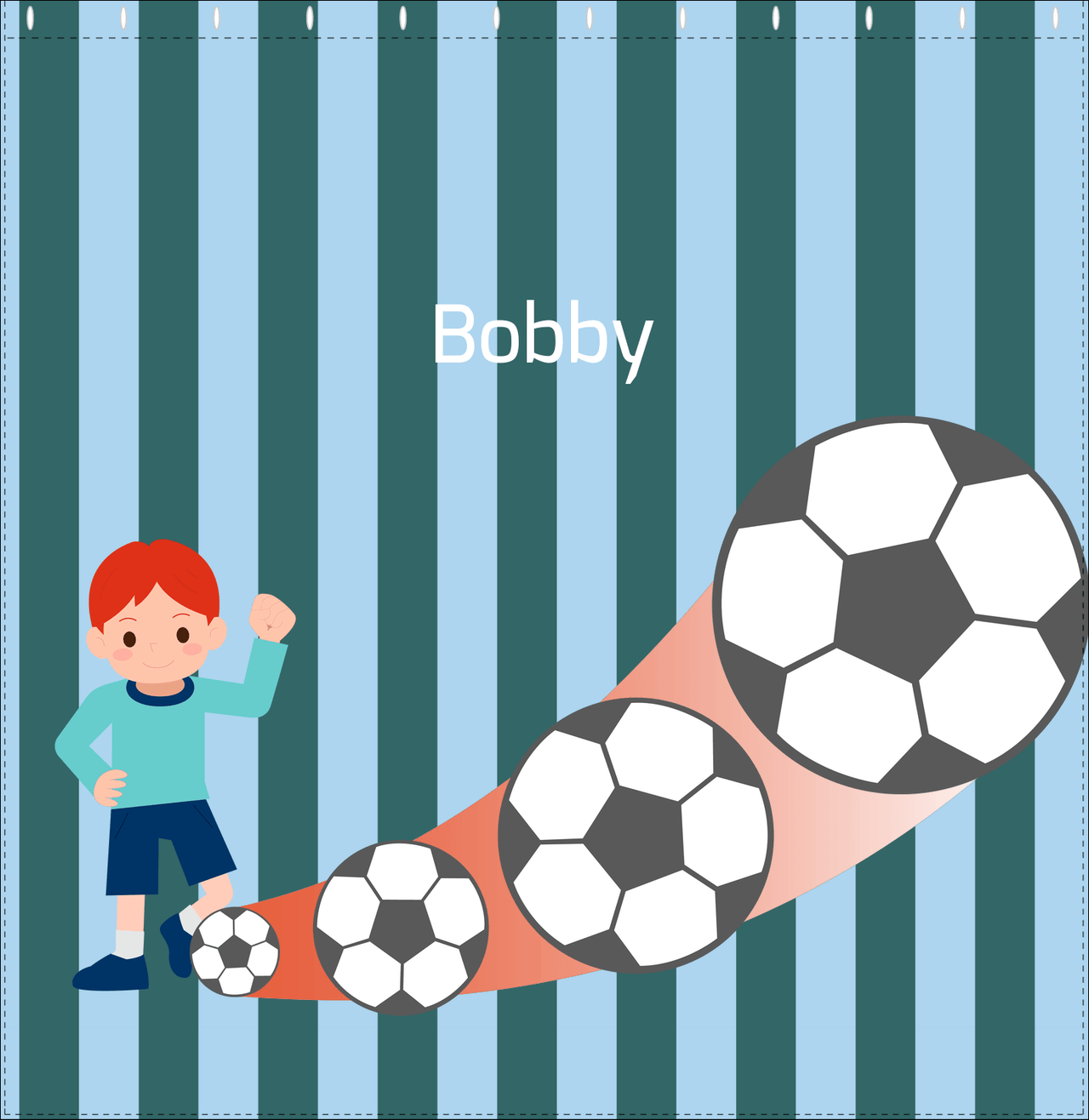 Personalized Soccer Shower Curtain III - Teal Background - Redhead Boy - Decorate View
