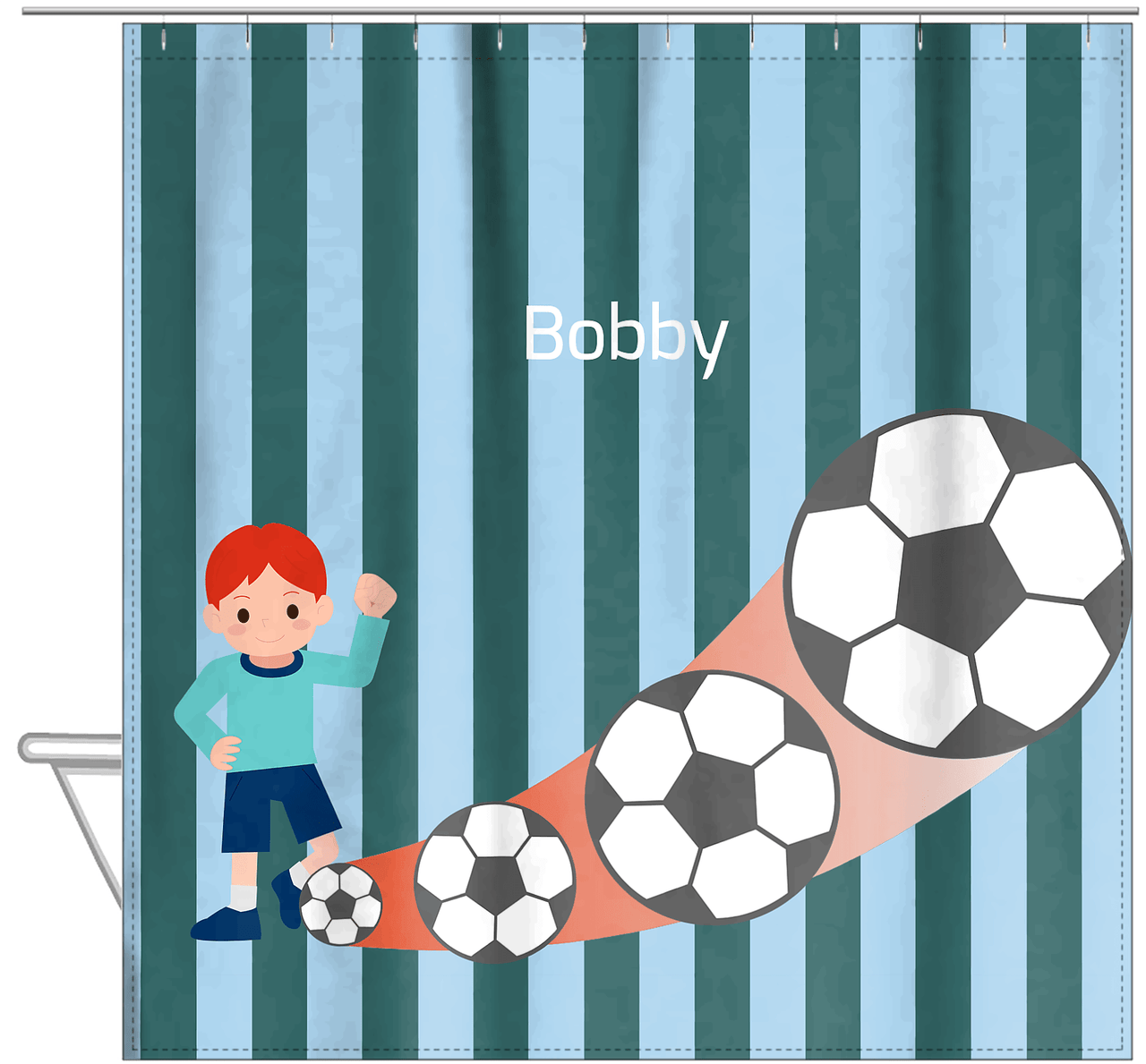 Personalized Soccer Shower Curtain III - Teal Background - Redhead Boy - Hanging View