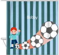 Thumbnail for Personalized Soccer Shower Curtain III - Teal Background - Redhead Boy - Hanging View