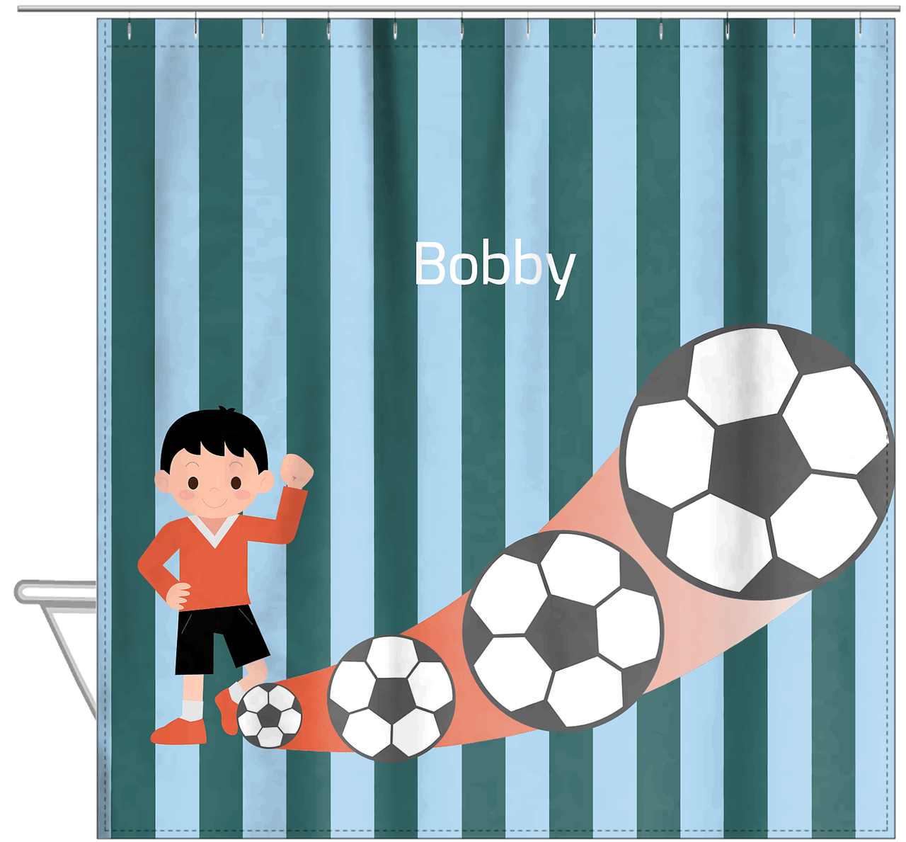 Personalized Soccer Shower Curtain III - Teal Background - Black Hair Boy I - Hanging View