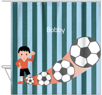 Thumbnail for Personalized Soccer Shower Curtain III - Teal Background - Black Hair Boy I - Hanging View