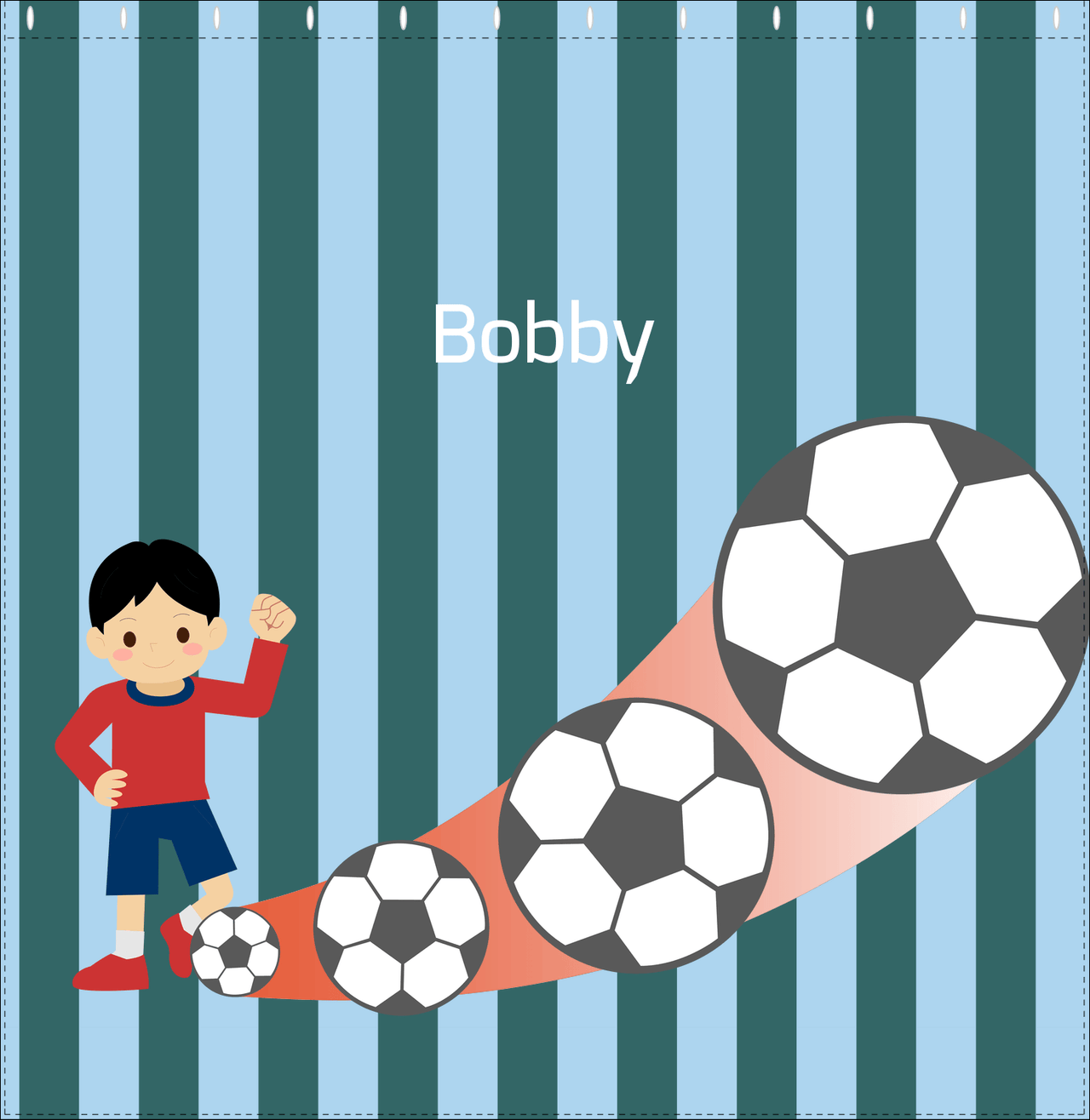 Personalized Soccer Shower Curtain III - Teal Background - Black Hair Boy II - Decorate View