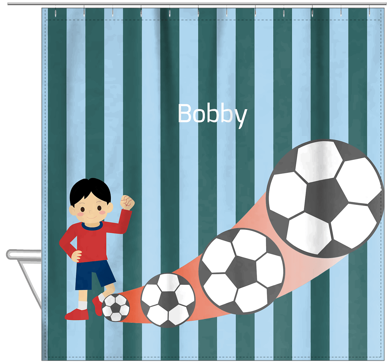 Personalized Soccer Shower Curtain III - Teal Background - Black Hair Boy II - Hanging View