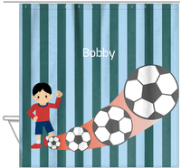 Thumbnail for Personalized Soccer Shower Curtain III - Teal Background - Black Hair Boy II - Hanging View