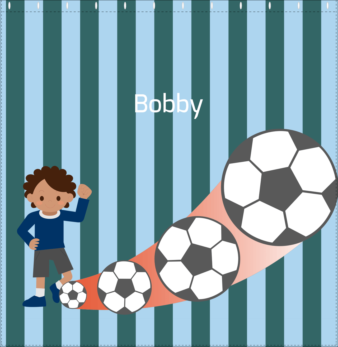 Personalized Soccer Shower Curtain III - Teal Background - Black Boy - Decorate View