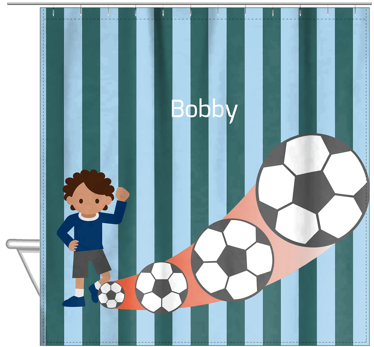 Personalized Soccer Shower Curtain III - Teal Background - Black Boy - Hanging View