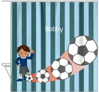Thumbnail for Personalized Soccer Shower Curtain III - Teal Background - Black Boy - Hanging View