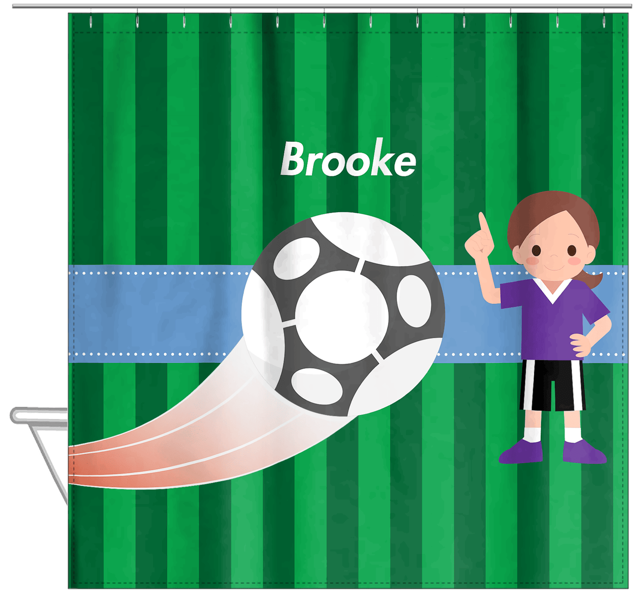 Personalized Soccer Shower Curtain IV - Green Background - Brunette Girl - Hanging View