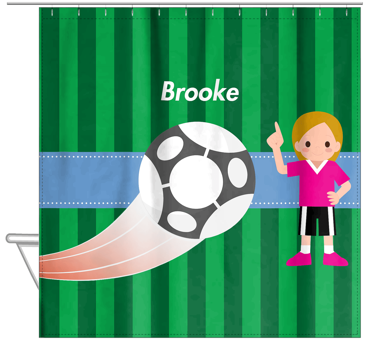 Personalized Soccer Shower Curtain IV - Green Background - Blonde Girl - Hanging View