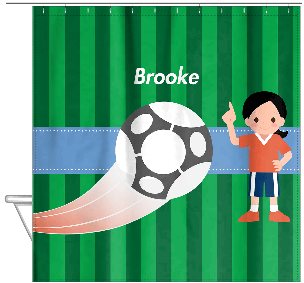 Personalized Soccer Shower Curtain IV - Green Background - Redhead Girl - Hanging View