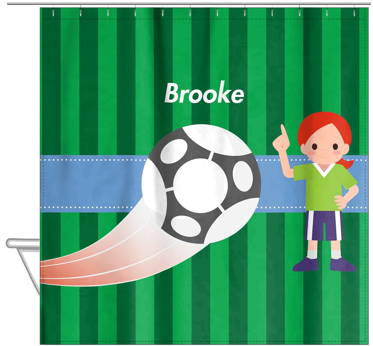 Personalized Soccer Shower Curtain IV - Green Background - Black Hair Girl I - Hanging View