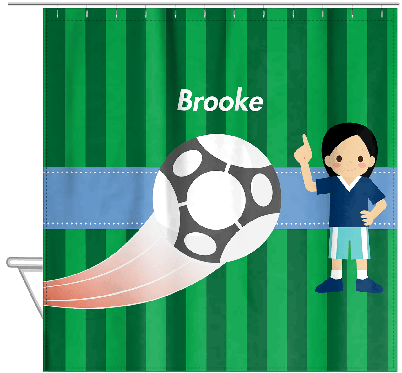 Personalized Soccer Shower Curtain IV - Green Background - Black Hair Girl II - Hanging View