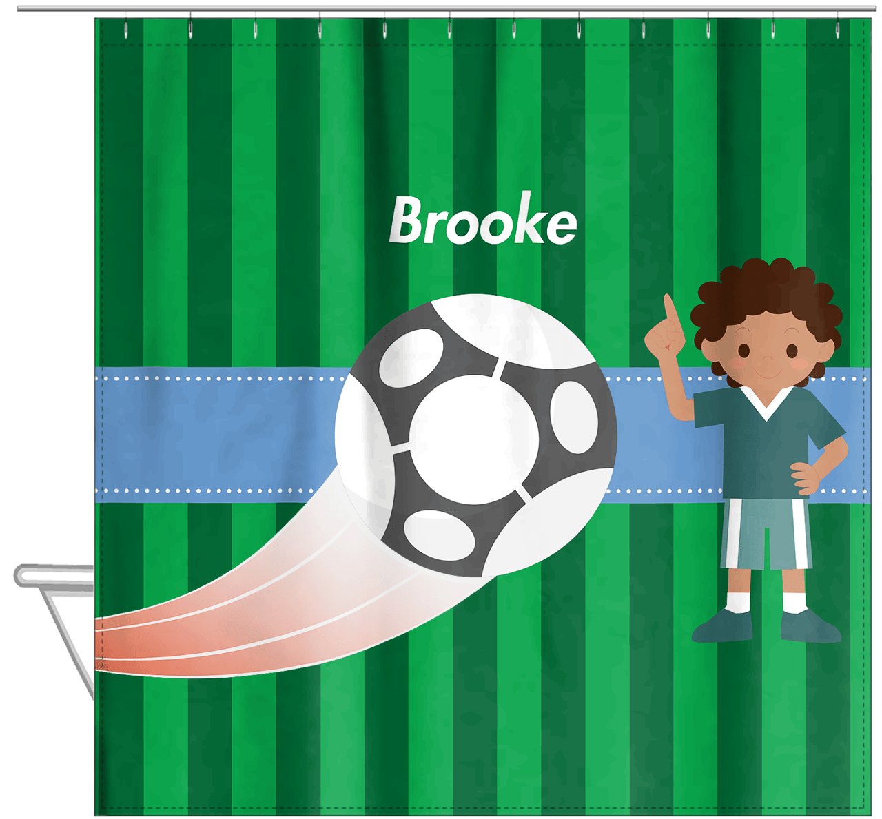 Personalized Soccer Shower Curtain IV - Green Background - Black Girl - Hanging View