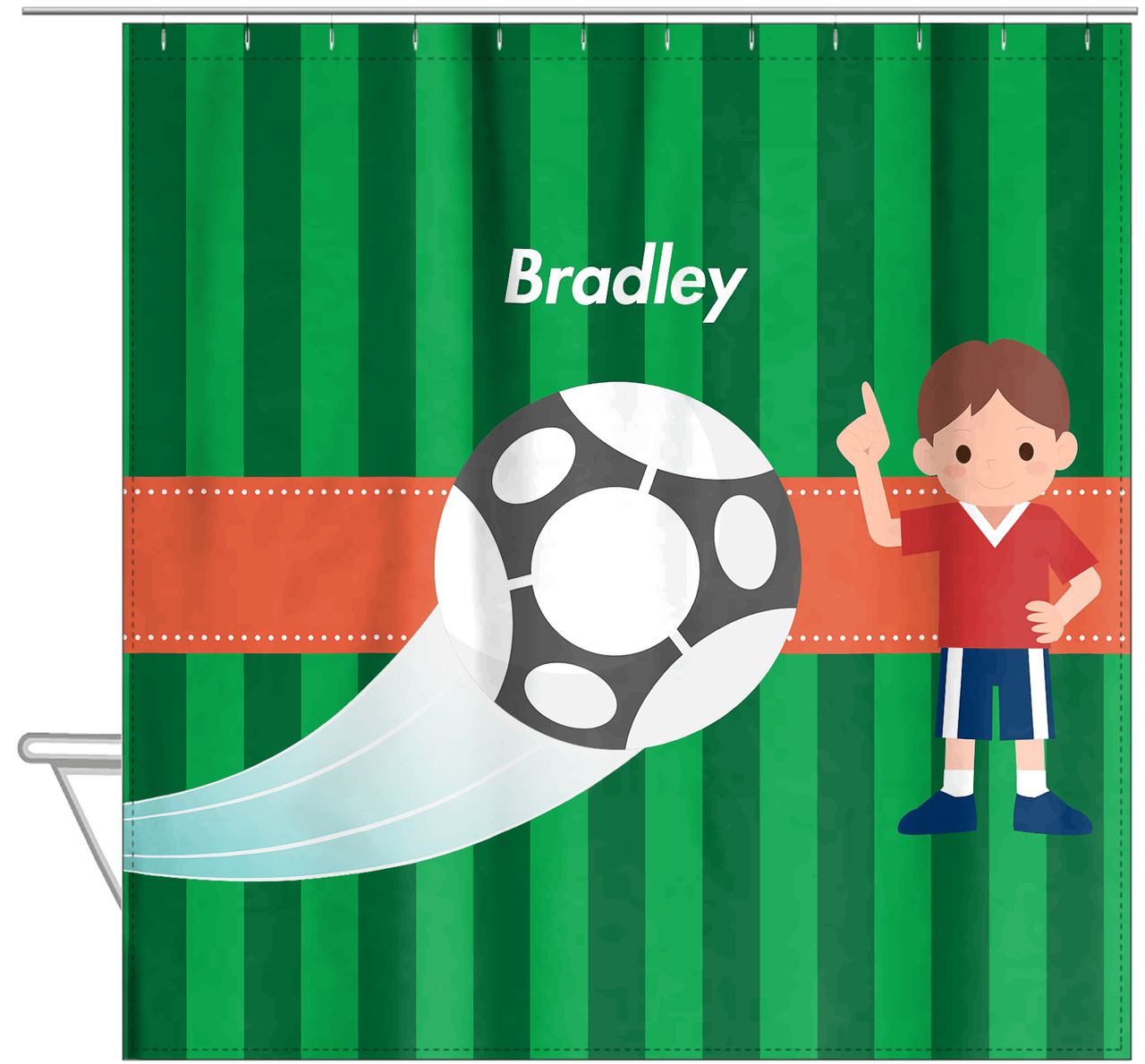 Personalized Soccer Shower Curtain V - Green Background - Brown Hair Boy - Hanging View