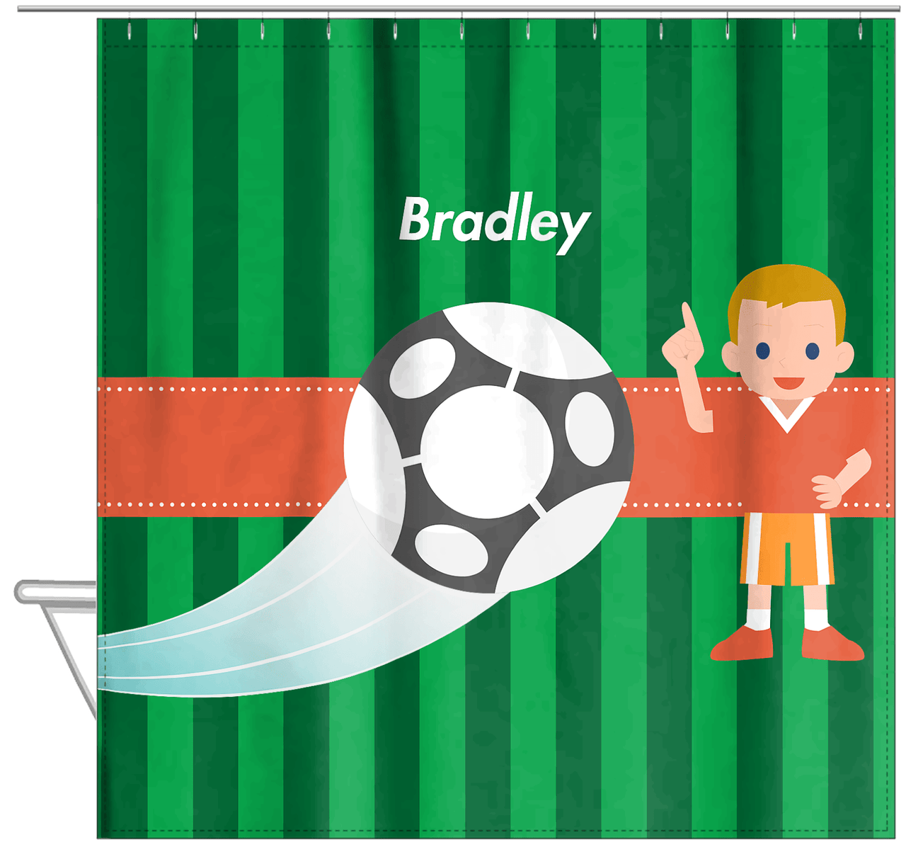 Personalized Soccer Shower Curtain V - Green Background - Blond Boy - Hanging View