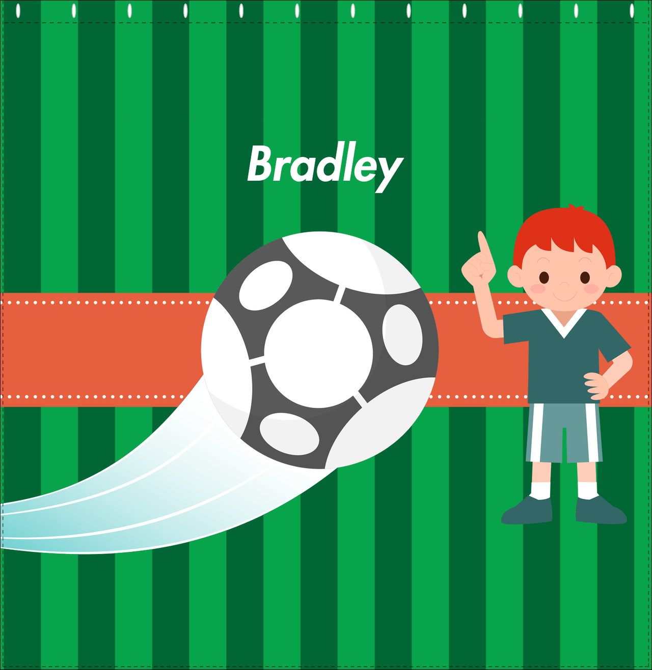 Personalized Soccer Shower Curtain V - Green Background - Redhead Boy - Decorate View