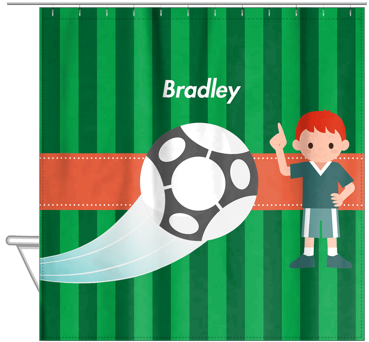 Personalized Soccer Shower Curtain V - Green Background - Redhead Boy - Hanging View