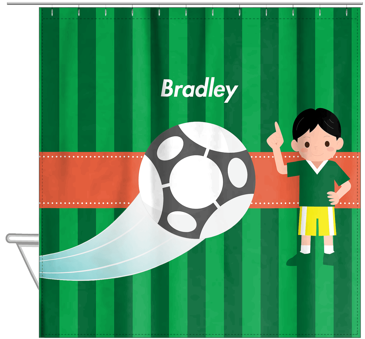 Personalized Soccer Shower Curtain V - Green Background - Black Hair Boy I - Hanging View