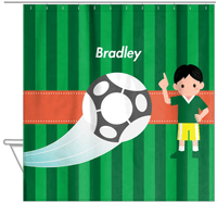 Thumbnail for Personalized Soccer Shower Curtain V - Green Background - Black Hair Boy I - Hanging View