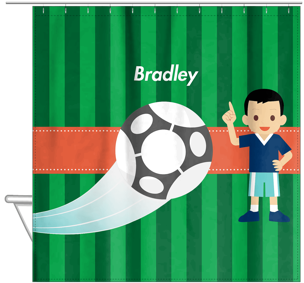 Personalized Soccer Shower Curtain V - Green Background - Black Hair Boy II - Hanging View