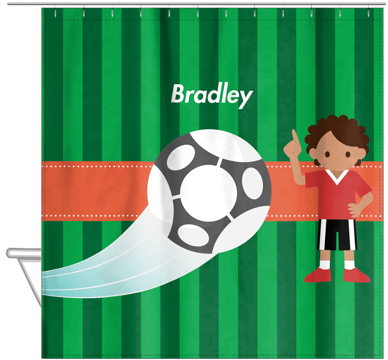 Personalized Soccer Shower Curtain V - Green Background - Black Boy - Hanging View
