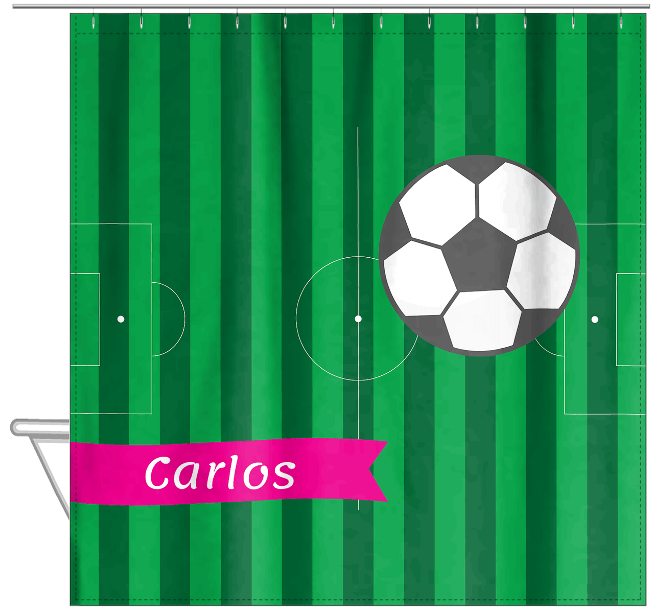 Personalized Soccer Shower Curtain VI - Green Background - Soccer Ball I - Hanging View