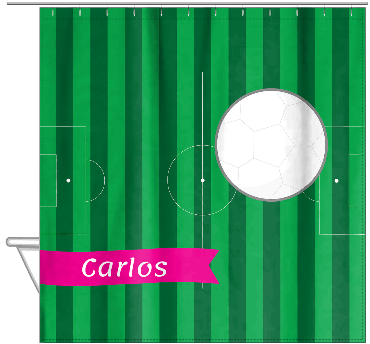 Personalized Soccer Shower Curtain VI - Green Background - Soccer Ball II - Hanging View