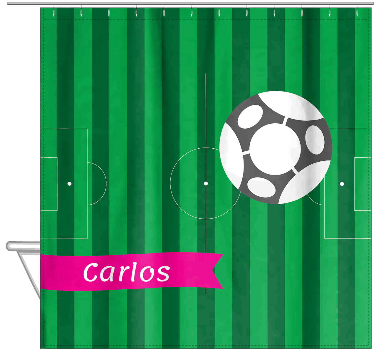 Personalized Soccer Shower Curtain VI - Green Background - Soccer Ball III - Hanging View