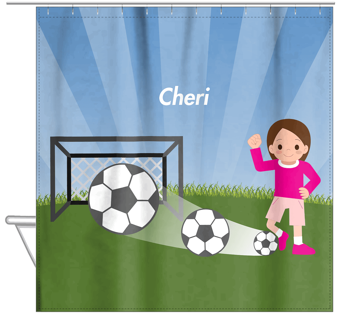 Personalized Soccer Shower Curtain VII - Blue Sky - Brunette Girl - Hanging View
