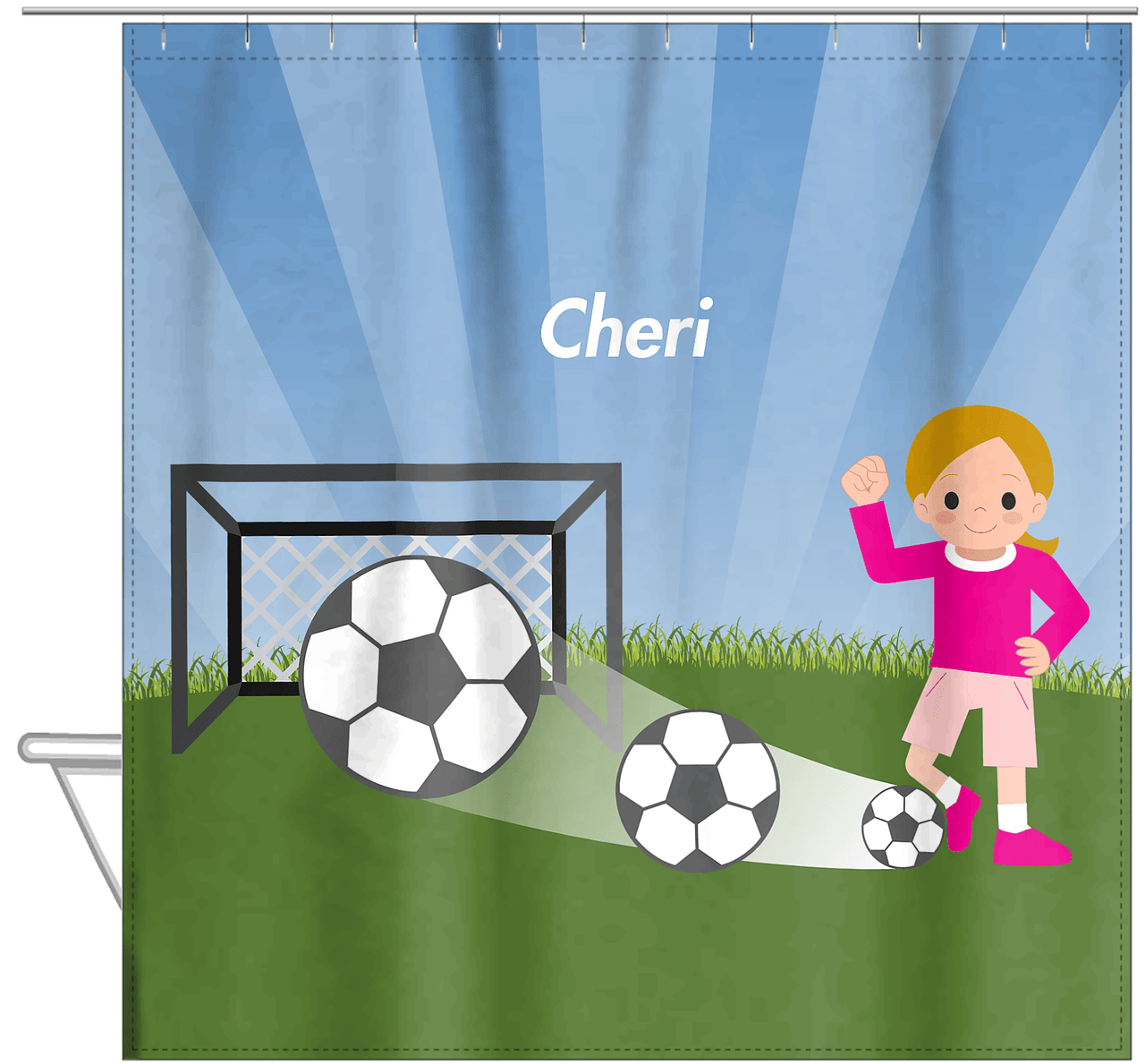 Personalized Soccer Shower Curtain VII - Blue Sky - Blonde Girl - Hanging View